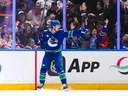 Zeev Buium celebrates after scoring a goal against the Los Angeles Kings in April.