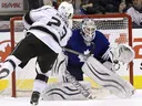 Toronto Maple Leafs' James Reimer stops Los Angeles Kings' Dustin Brown in the shootout during a game in 2014.