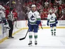 Elias Pettersson reacts after a goal by the Hurricanes in the second period of the game at the Lenovo Center on October 08, 2026 in Raleigh, North Carolina.