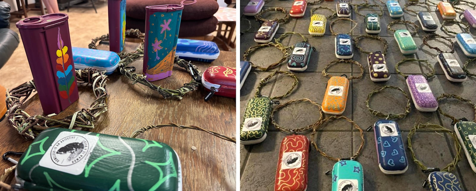Brightly colored plastic boxes with willow loops attached to them are arranged on a table and on the floor.