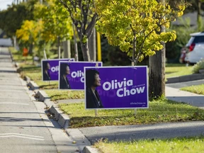 Olivia Chow campaign signs along Rathburn Rd. in Toronto on Monday, October 5, 2026.
