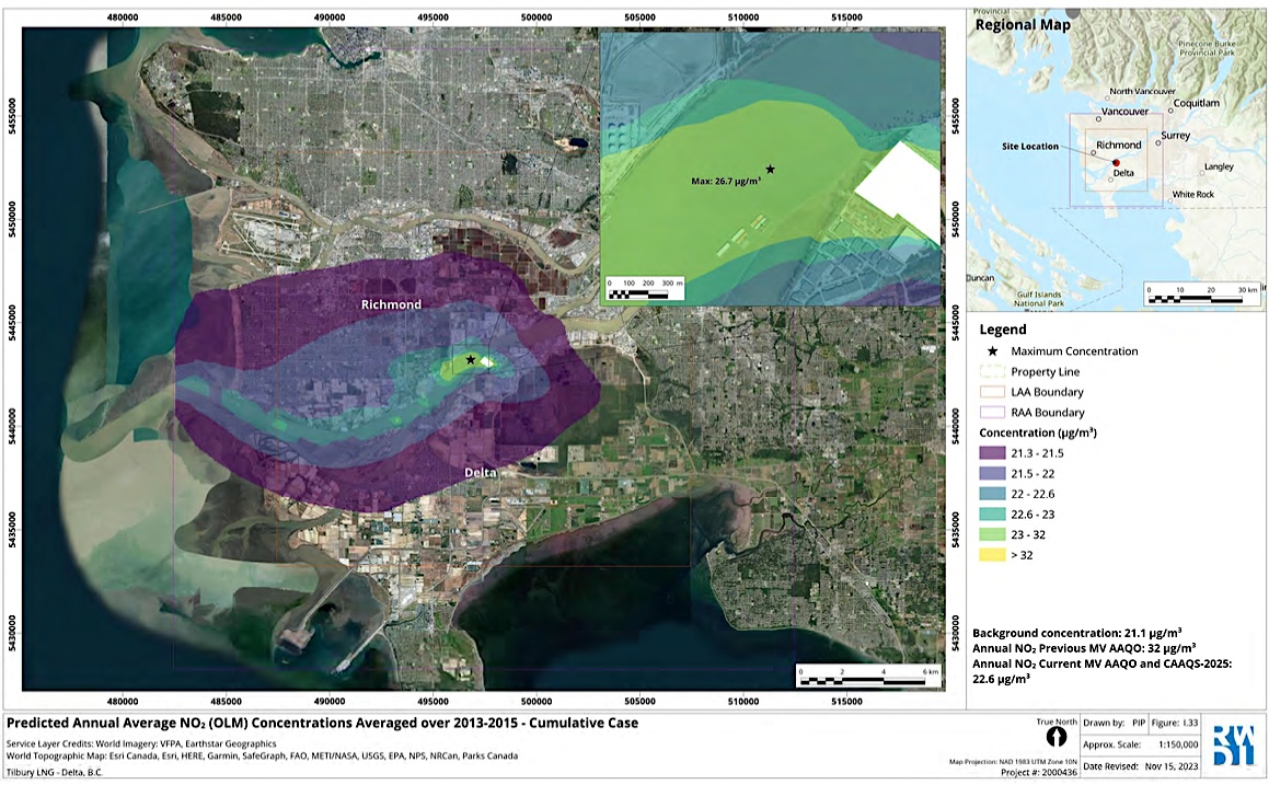 A map of the Lower Mainland shows long-term nitrogen dioxide levels concentrated along the Fraser River.