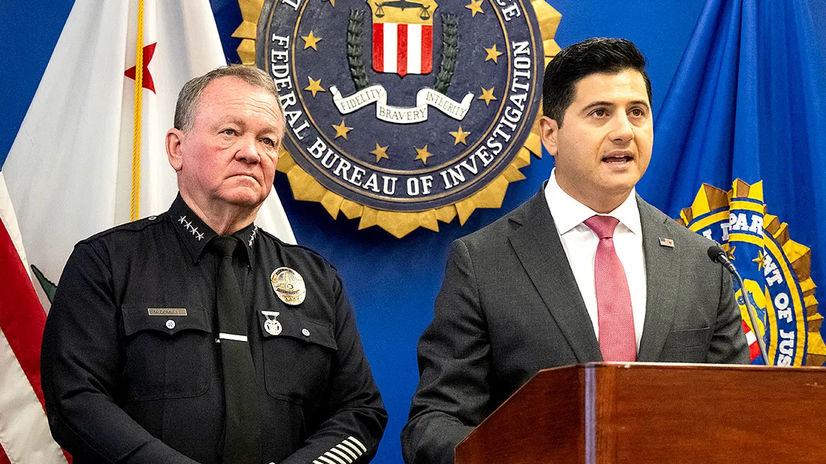First Assistant US Attorney Bill Essayli speaks at a press conference alongside LA County Sheriff Robert Luna and LAPD Chief Jim McDonnell about arrests related to an alleged extremist bombing.
