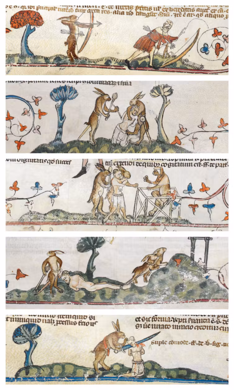 Capturing rabbits, trying to execute a dog in The Smithfield Decretals from the 1340s.