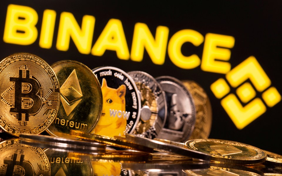 : Representations of cryptocurrencies Bitcoin, Ethereum, DogeCoin, Ripple and Litecoin are seen in front of a displayed Binance logo